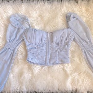Light Blue Long Sleeve Cropped Blouse